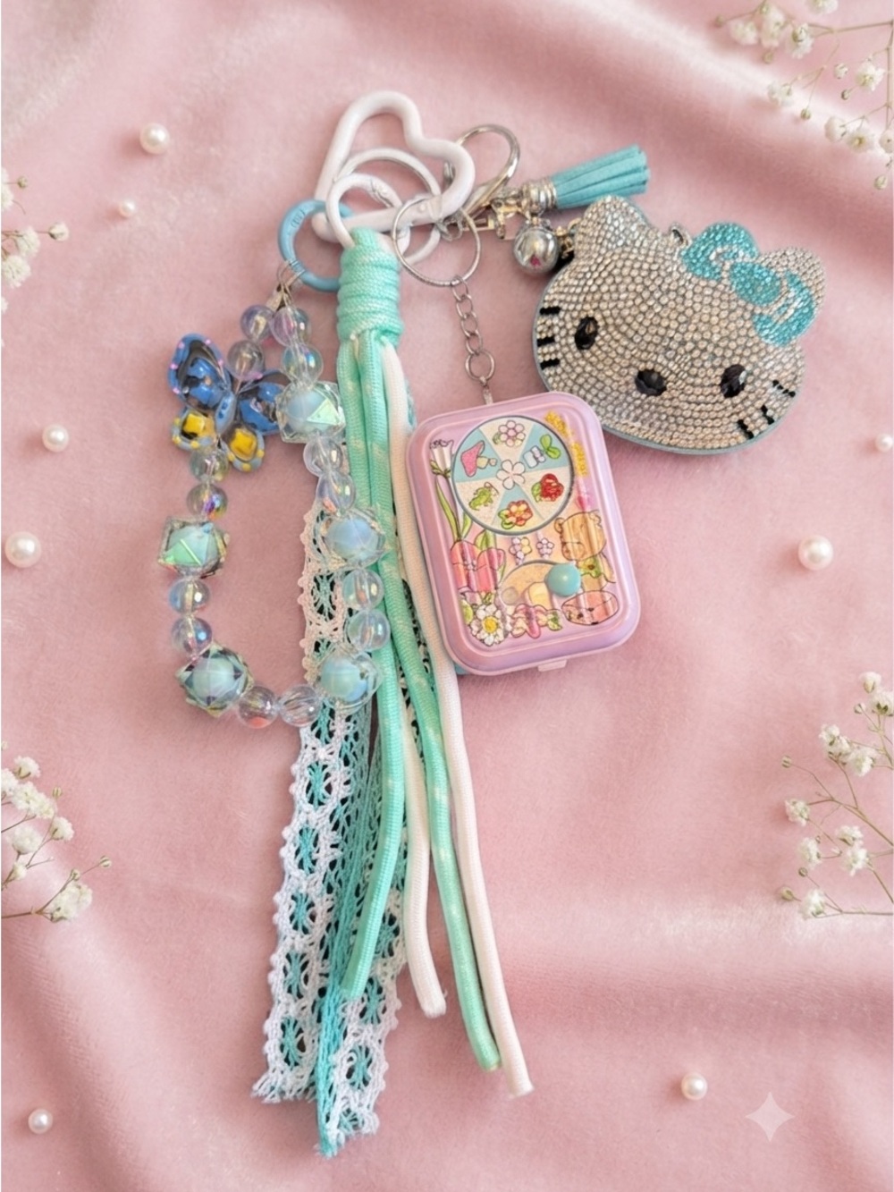Sparkling Kitty & Pastel Tassel Kids Keychain - Mint Pink